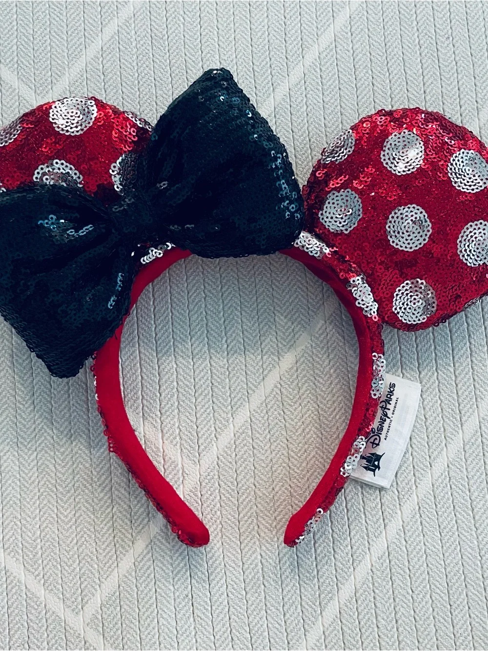 Disneyparks Minnie Ears Headband - Polka Dots With Black Bow Sequined